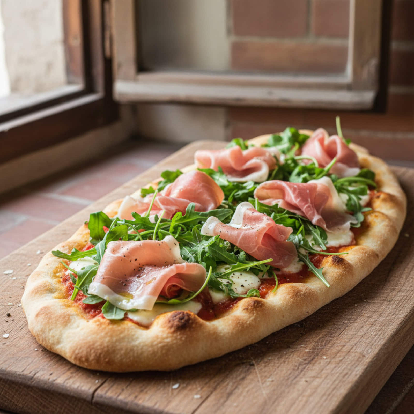 eine köstliche Pinsa mit Parmaschinken und Rucola belegt.